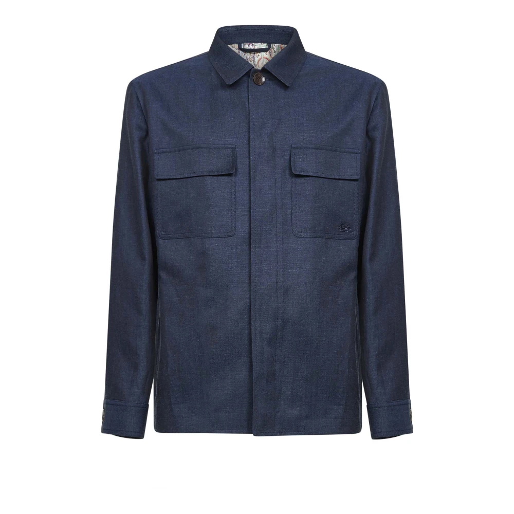 Etro Blue Light Jackets, Male, L, Wool And Linen Shacket