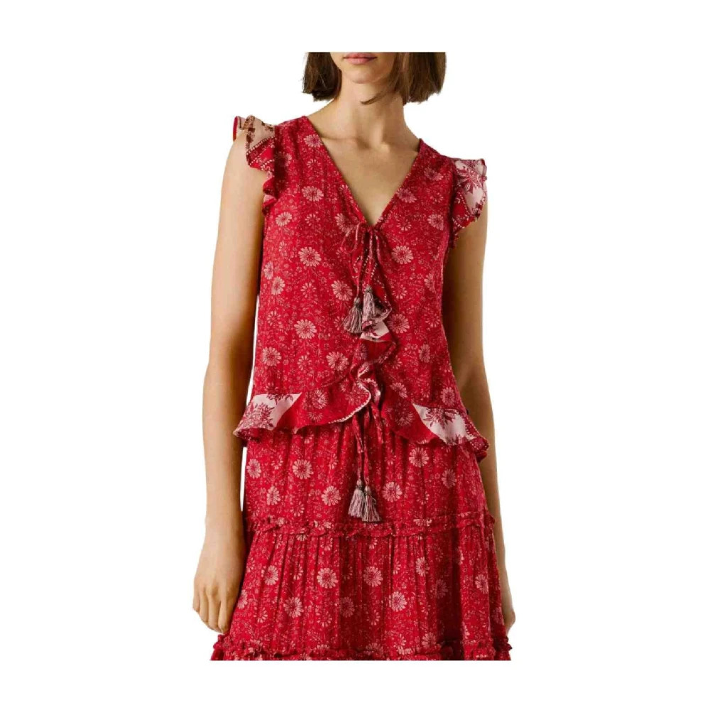 Pepe Jeans Women's Red Floral Sleeveless Blouse - Sleeveless Tops - L - Tops