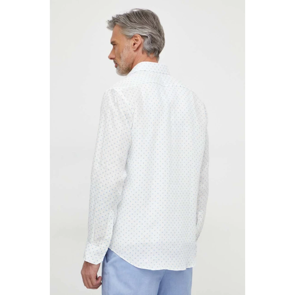 Boss Linnen Overhemd Blauw Gepatroneerd White Heren