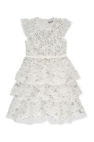 Biała sukienka z tiulu z cekinami i koronkowymi detalami