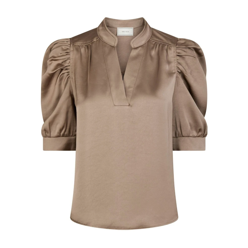 Neo Noir Brown Blouses, Female, Xl, Sateen Blouse With Puff Sleeves