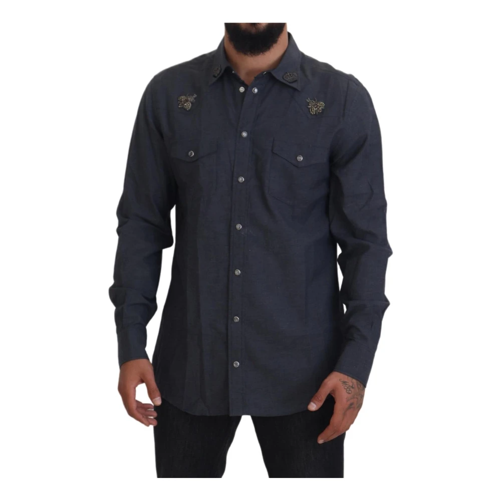 Dolce & Gabbana Blauwe Denim Crystal Bee Shirt Blue Heren