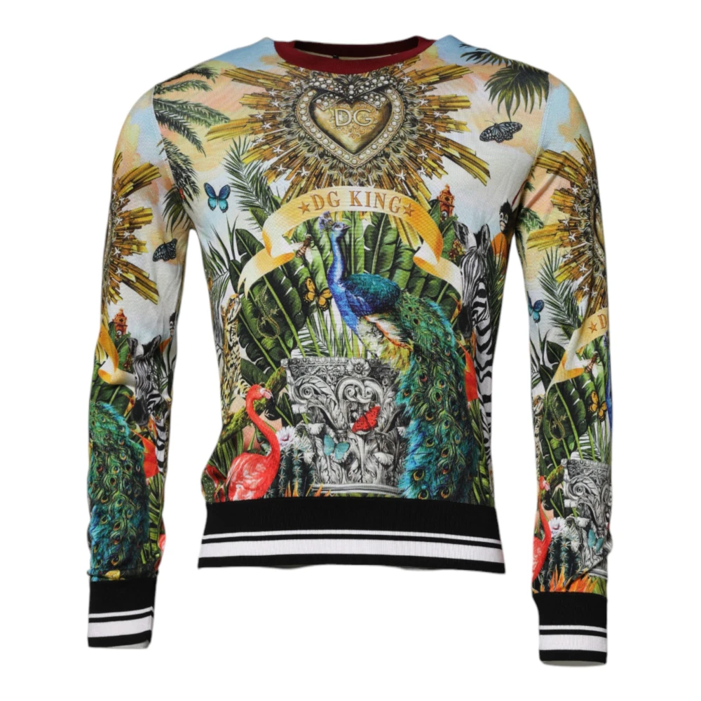 Dolce & Gabbana Men's Multicolor Round-Neck Knitwear, S, Jungle Print Silk Pullover Jumper
