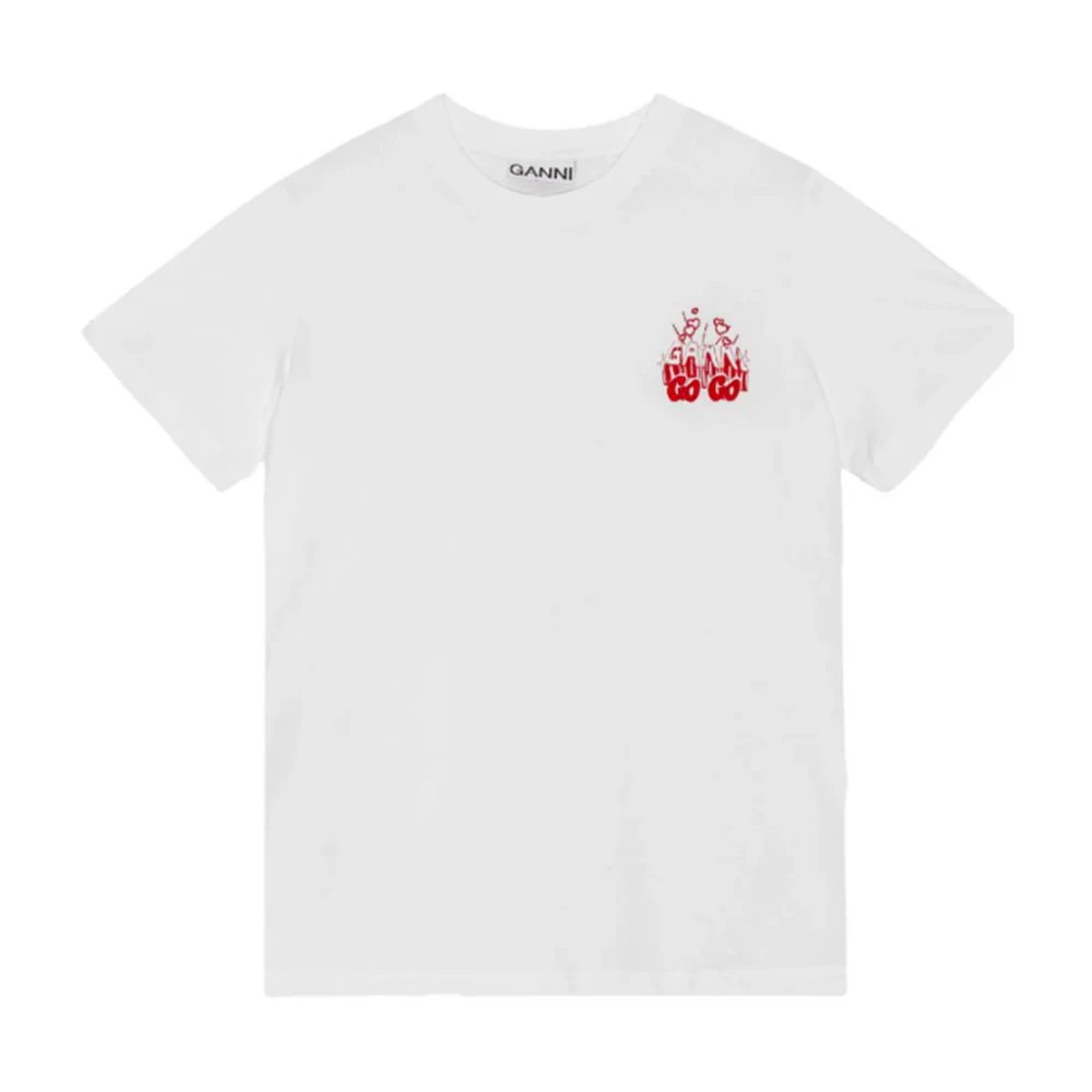 Ganni Wit Katoen Logo Print Ronde Hals T-shirt White Dames