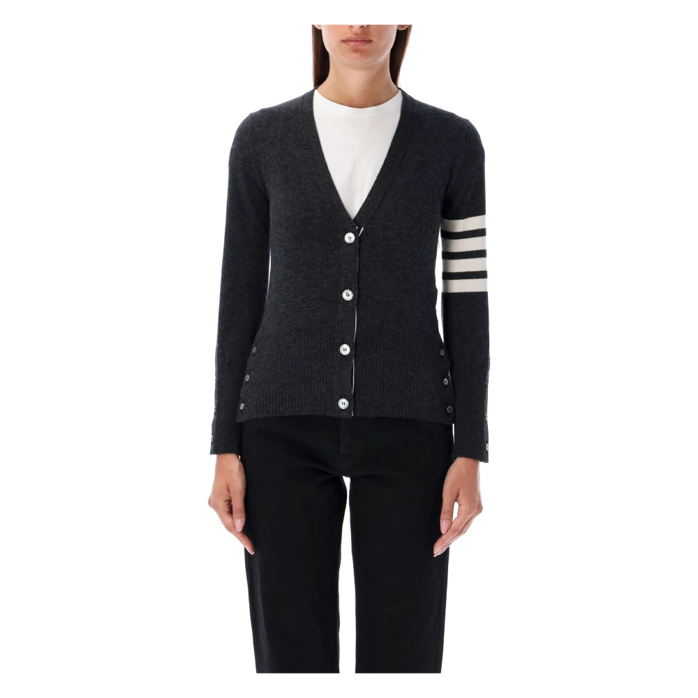 Thom Browne Donkergrijze Cashmere V-Neck Cardigan Gray Dames