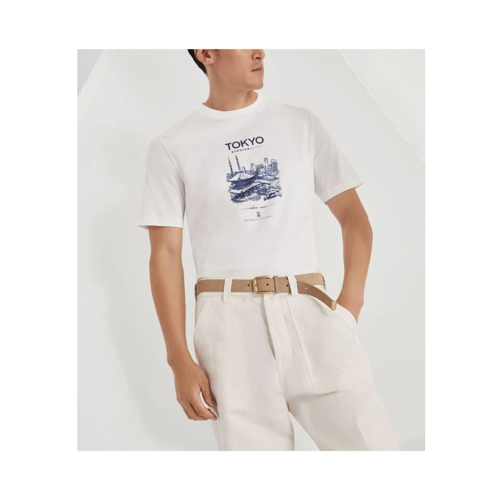 BRUNELLO CUCINELLI Wit Print Crew Neck T-shirt White Heren