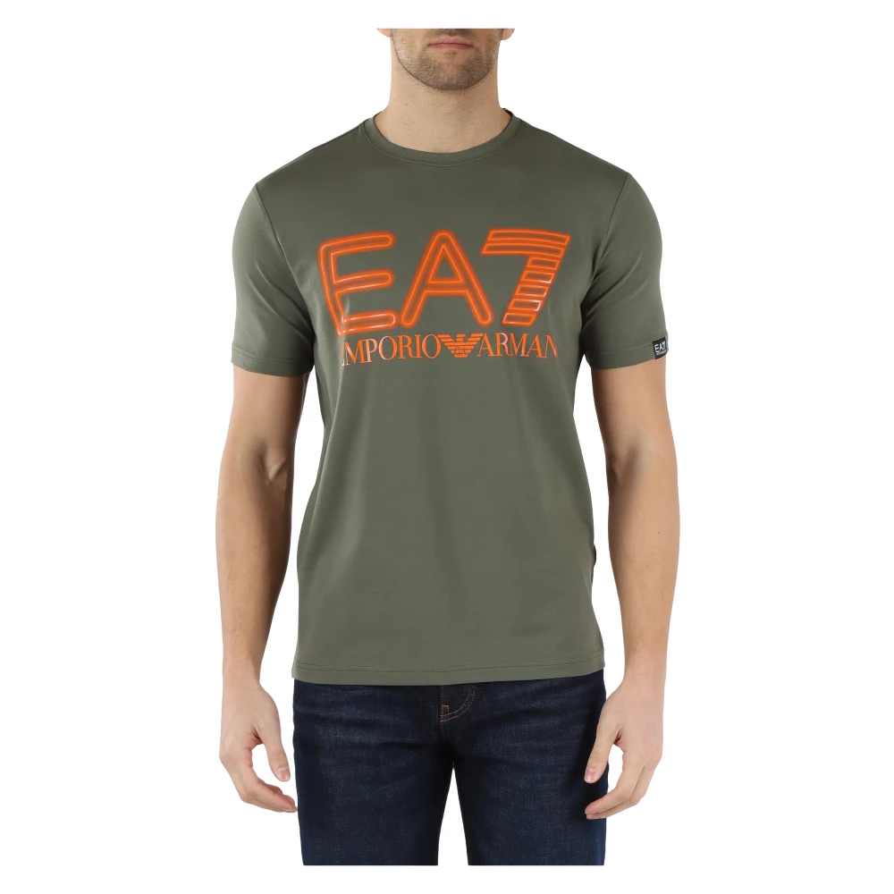 Emporio Armani EA7 Stretch Bomull T-shirt med Präglad Logotyptryck Green, Herr