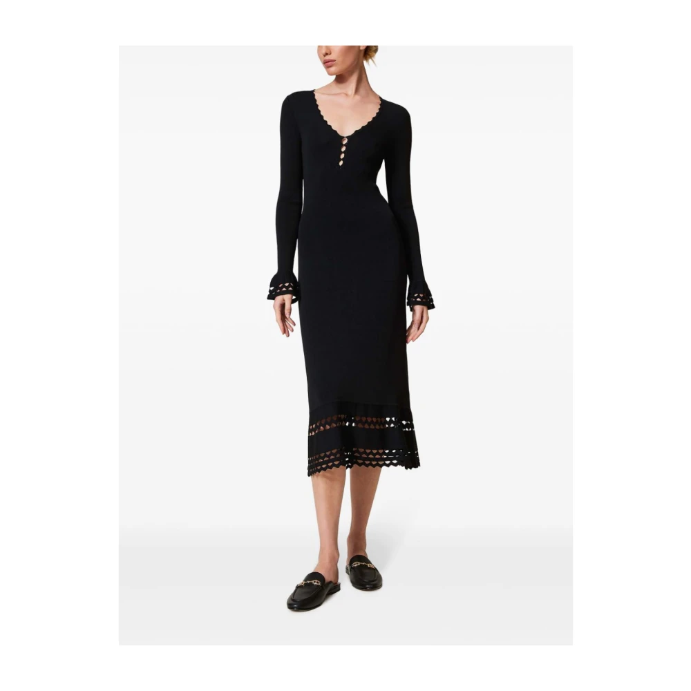 Twinset Zwarte V-hals Jurk met Wijduitlopende Mouwen Black Dames