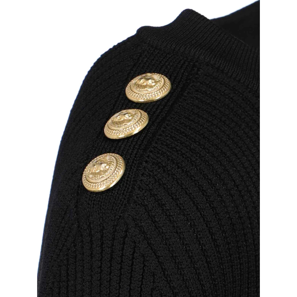 Balmain Zwarte Geribbelde Trui met Gouden Knopen Black Dames