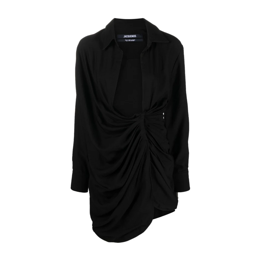 Jacquemus Zwarte Gedrapeerde V-Hals Shirt Minijurk Black Dames