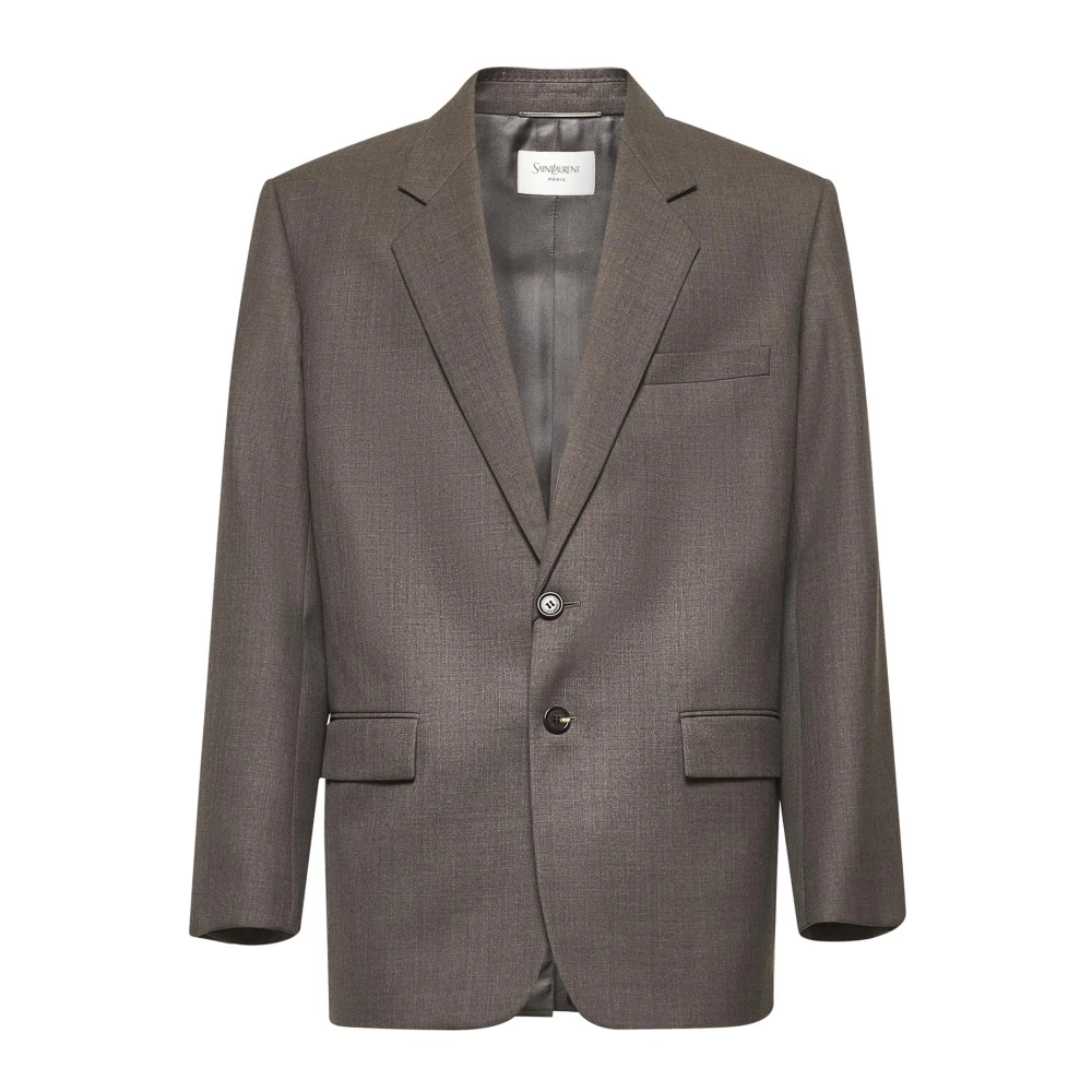 Saint Laurent Grijze Wollen Jas met Revers Brown Heren