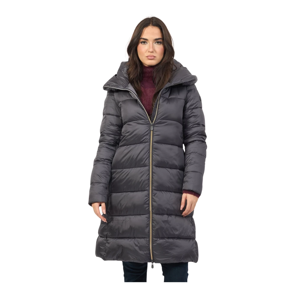 Save The Duck Grijze Gewatteerde Lange Jas met Capuchon Gray Dames
