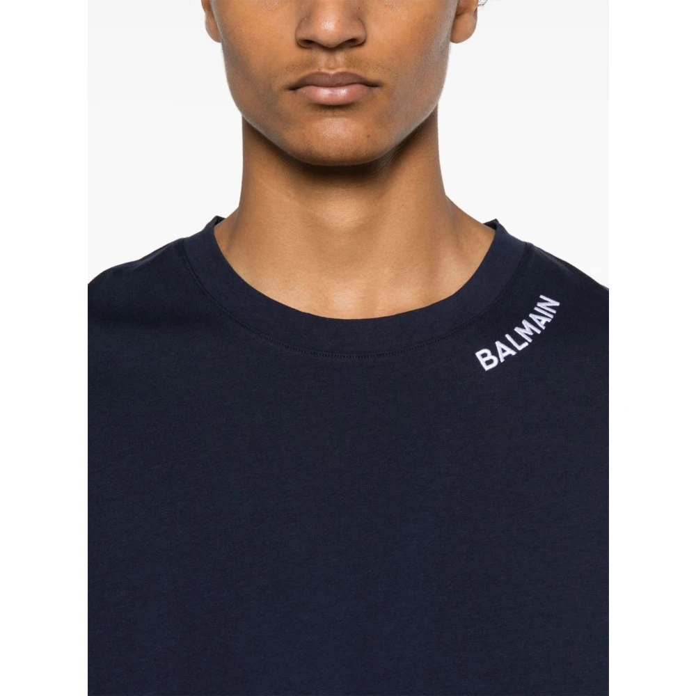 Balmain Marine Logo Wit Geborduurd T-shirt Blue Heren