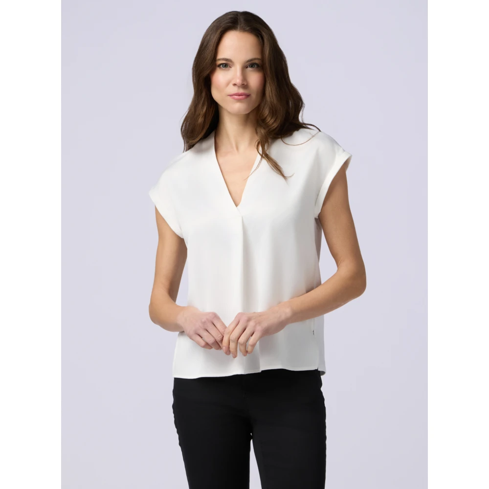 Oltre T-shirt gemaakt van twee verschillende materialen met V-hals White Dames