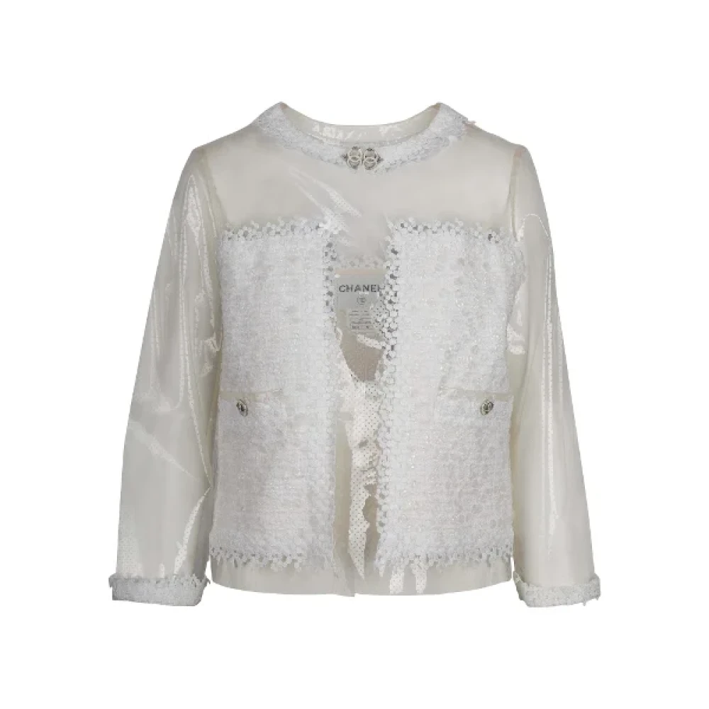 Chanel Vintage Använd Skjorta & Blus, Chanel Transparent Jacka med Vit Spetsbroderi White, Dam