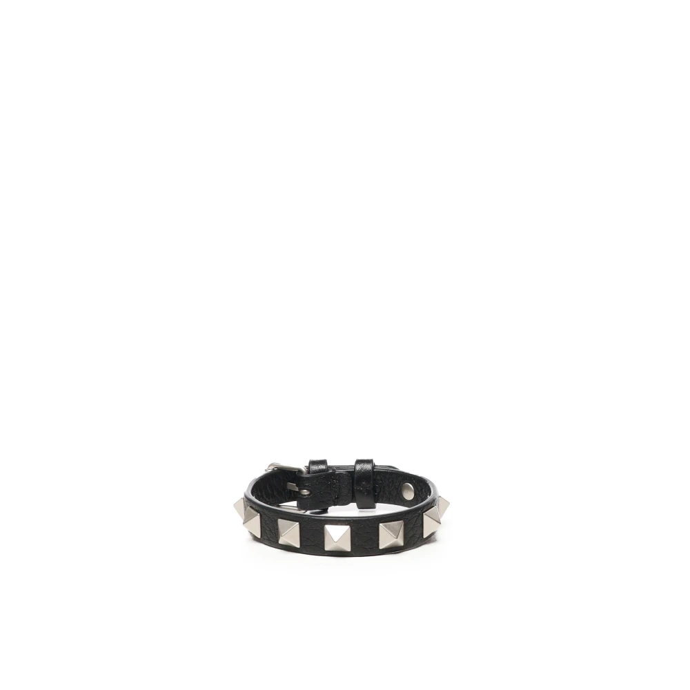 Valentino Garavani Svart läder Rockstud armband Black, Herr