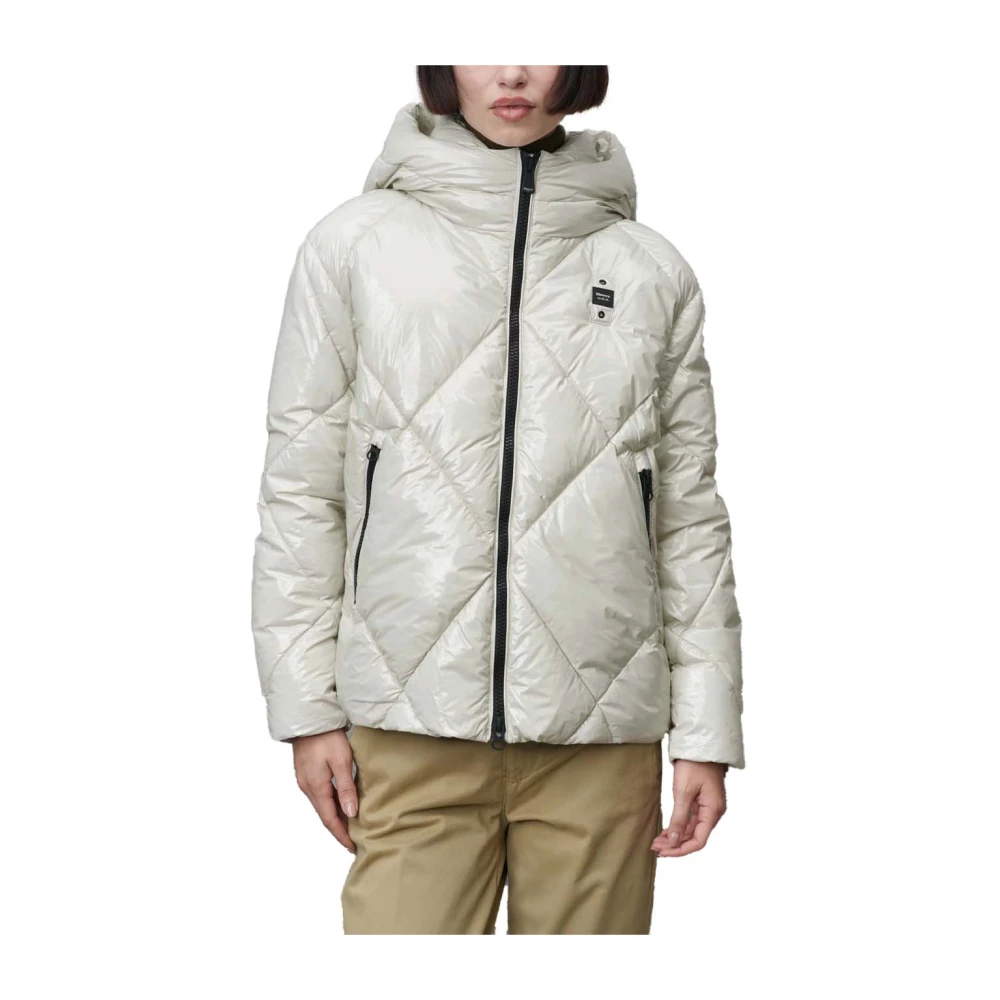 Blauer Nylon Gewatteerde Gevoerde Winterjas White Dames