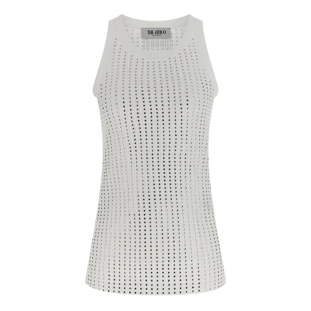 The Attico Women's White Sleeveless Tops, S, Rhinestone Tank Top