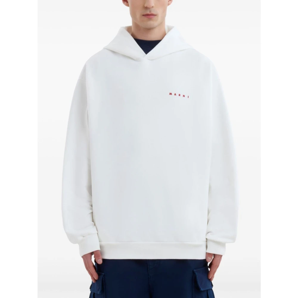 Marni Katoen Logo Print Hoodie White Heren