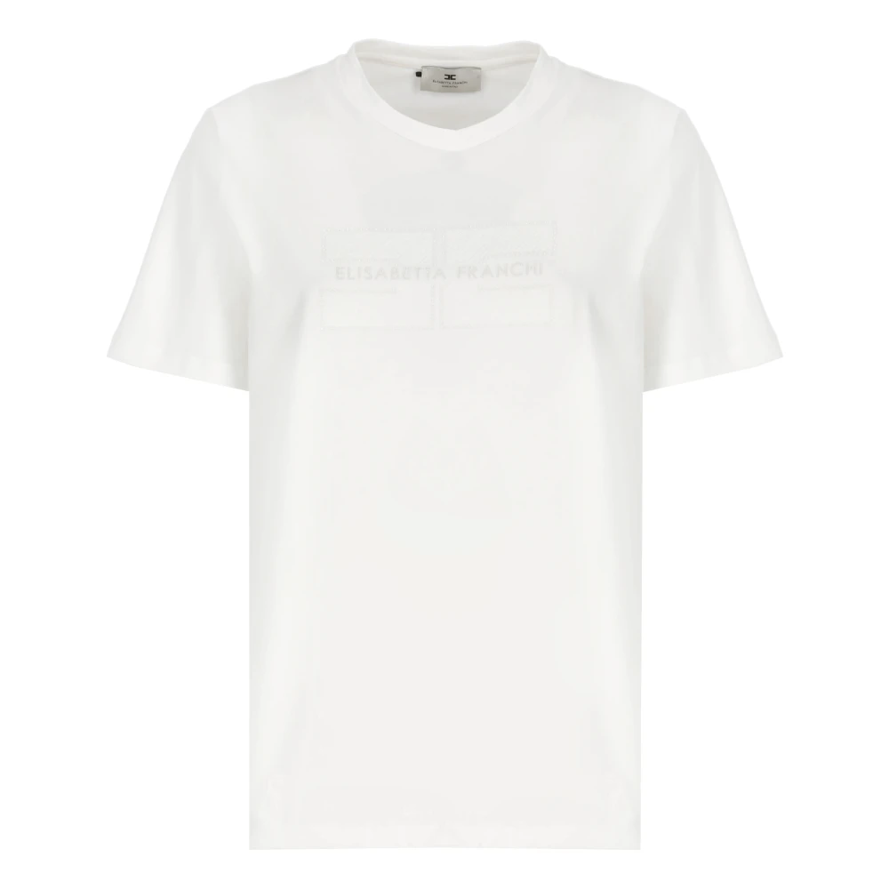 Elisabetta Franchi White T-Shirts, Female, Xs, Jersey T-Shirt With Embroidered Logo And Rhinestones