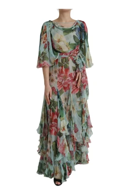 Blå Blommig Lagd Maxi Sidenklänning