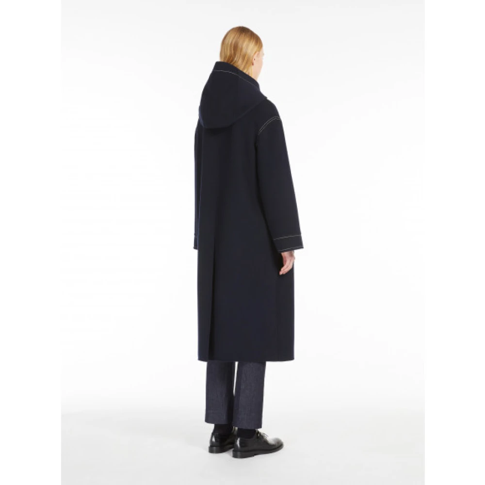 Max Mara Luxe Wol Hooded Midi Jas Blue Dames