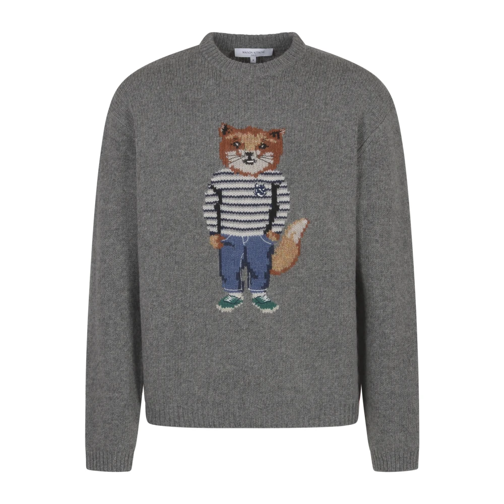 Maison Kitsuné Men's Gray Round-Neck Knitwear, S, Fox Intarsia Jumper Jumper