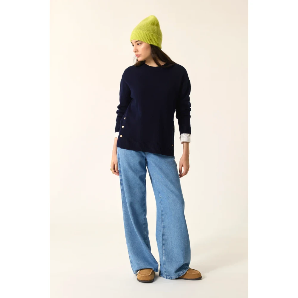 Des Petits Hauts Navy Merino Wol Lange Mouw Top Blue Dames