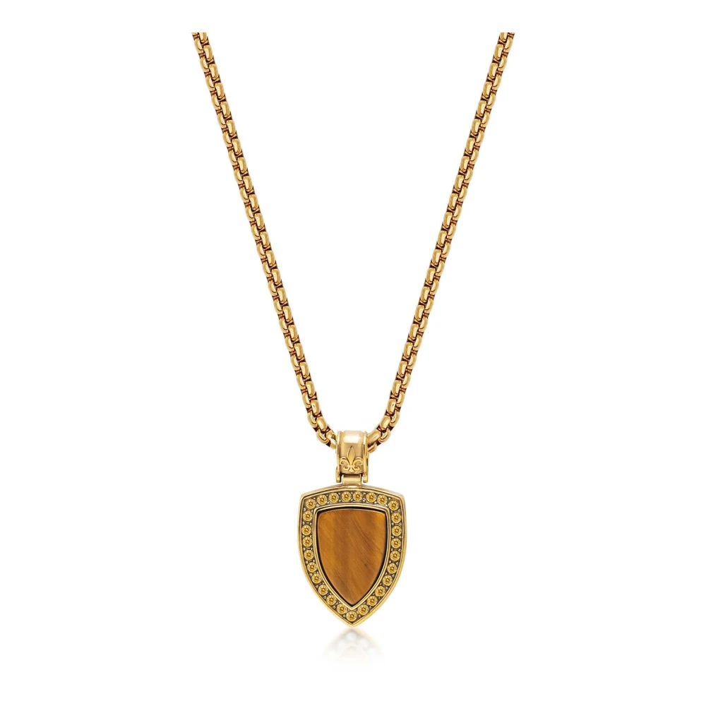 Nialaya Gold Necklace with Brown Tiger Eye Shield Pendant Yellow, Herr