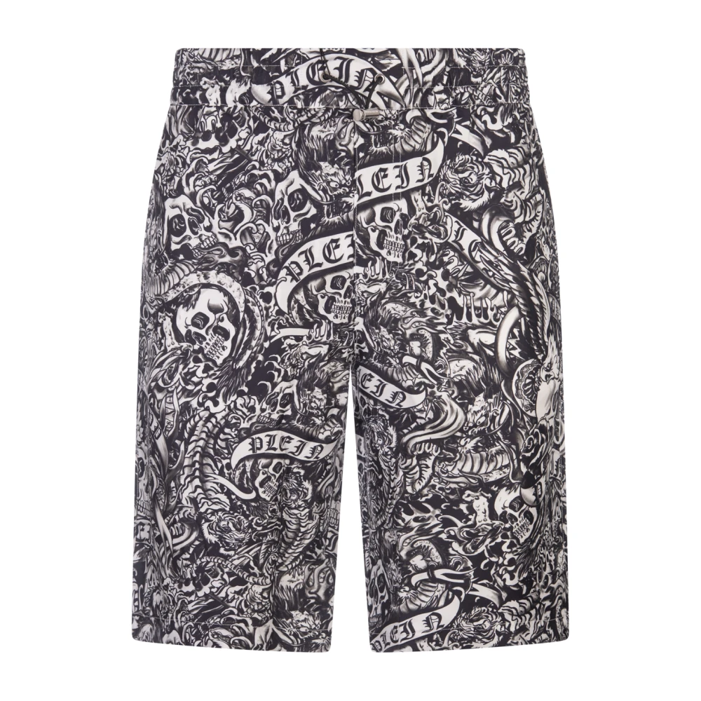 Philipp Plein Zwarte Tattoo Patroon Zijden Shorts Black Heren