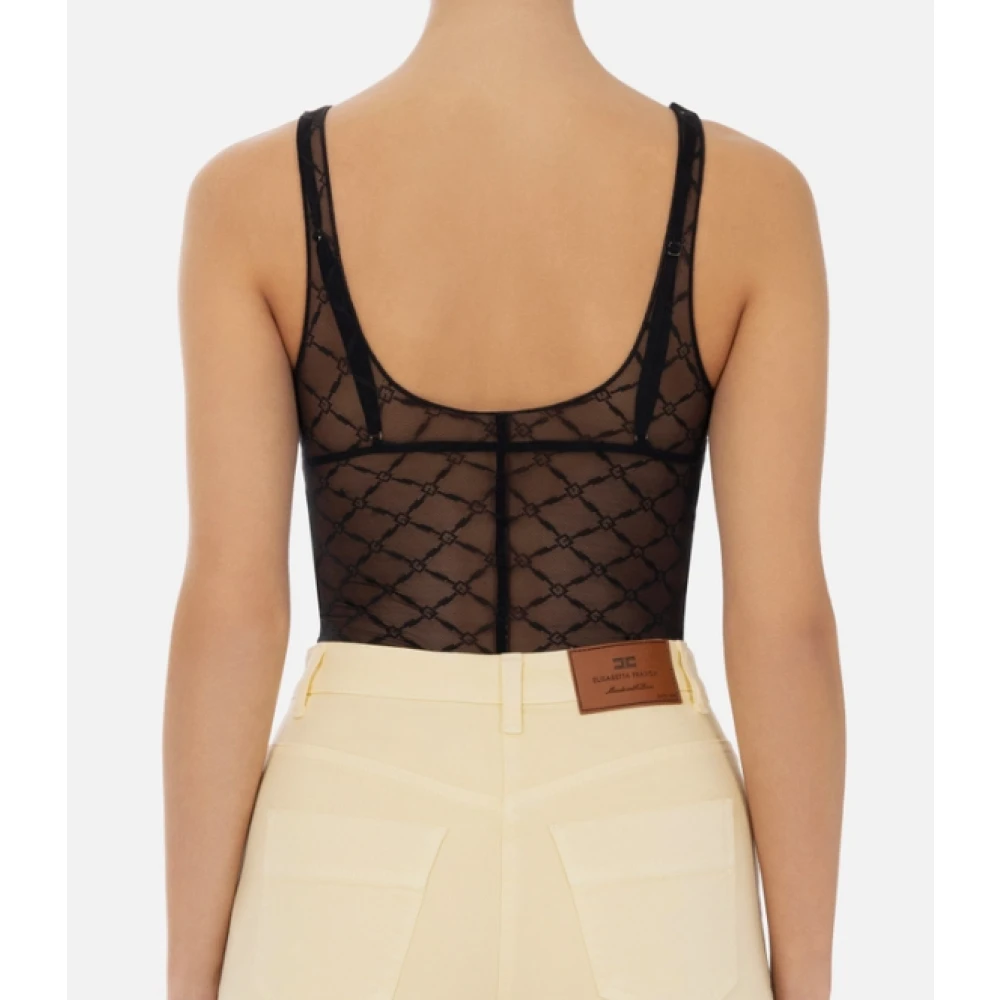 Elisabetta Franchi Mouwloze bodytop in jacquard tule Black Dames