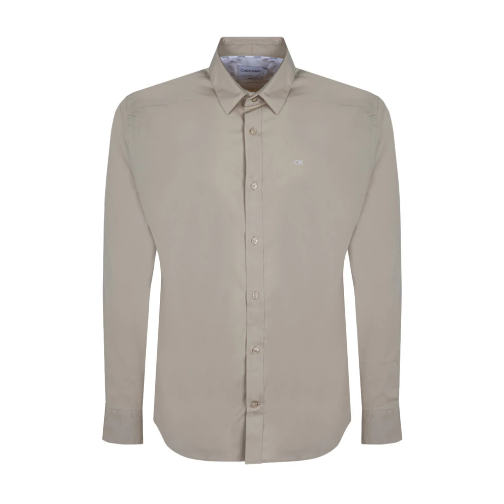 Calvin Klein Men's Beige Casual Shirts,, Monogram Embroidered Poplin Shirt Extra Small