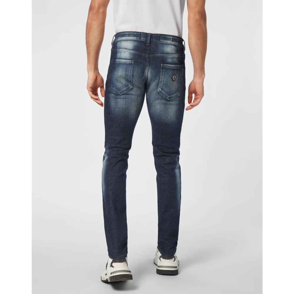 Philipp Plein Hexagon Denim Broek met Logo Label Blue Heren
