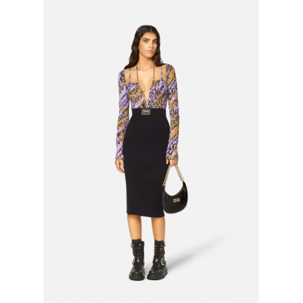 Versace Geribbelde Logo Midi Buis Rok Black Dames