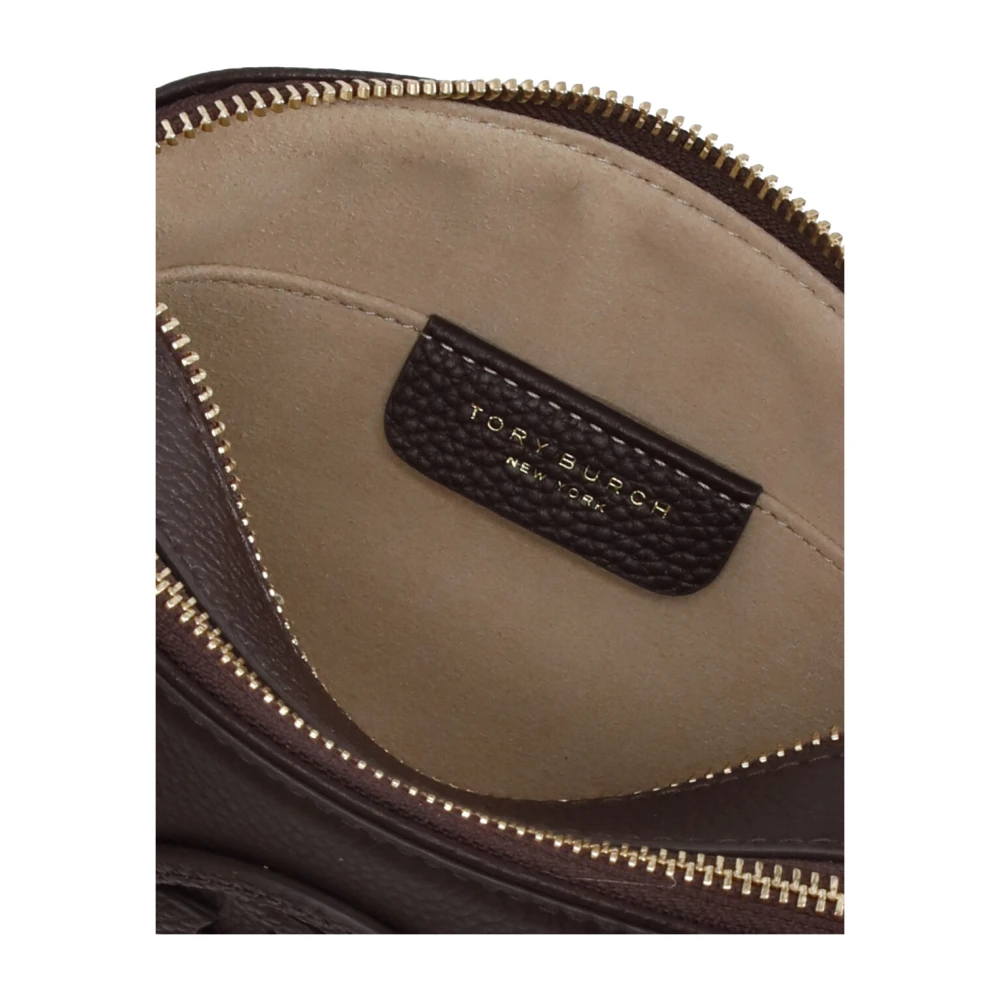 TORY BURCH Bruine leren schoudertas met dubbel T-logo Brown Dames
