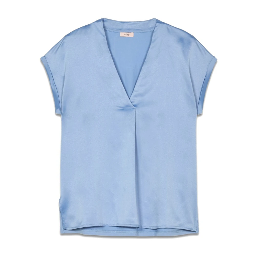 Oltre T-shirt gemaakt van twee verschillende materialen met V-hals Blue Dames