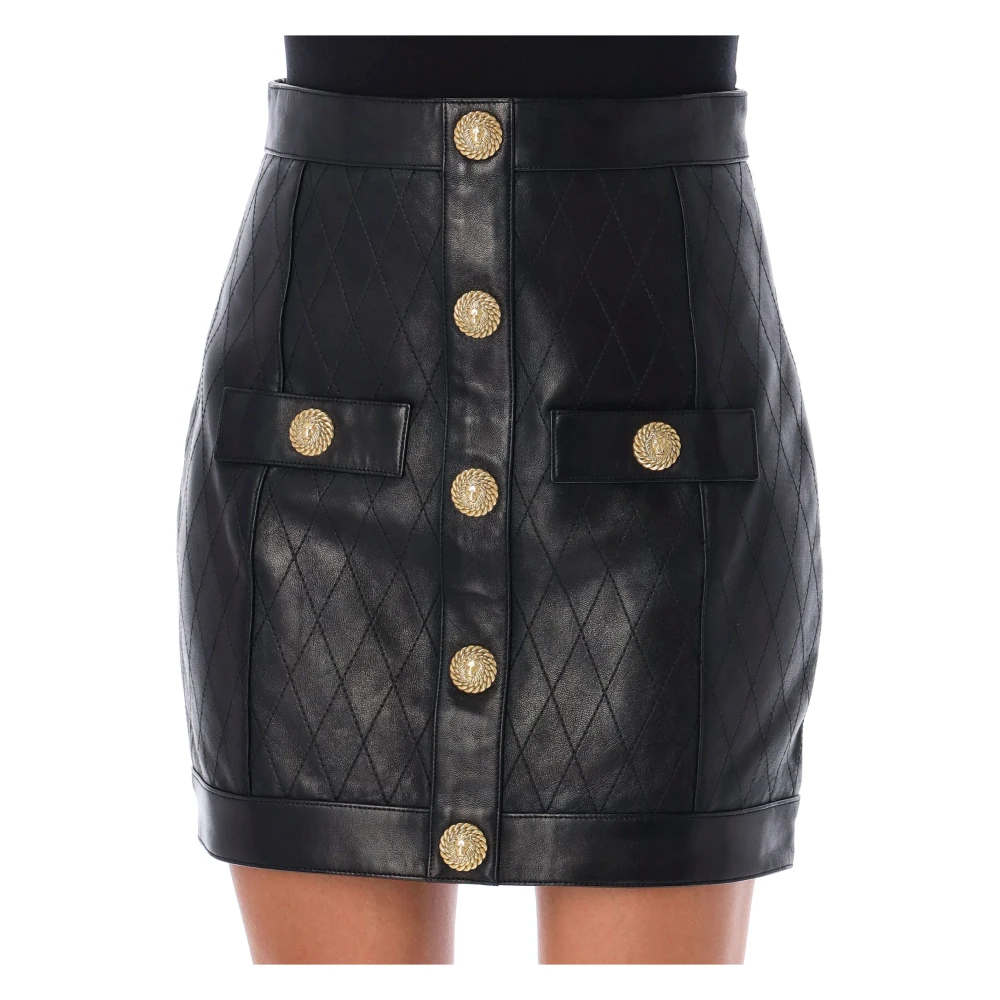 Balmain Gewatteerde Leren Minirok Zwart Black Dames