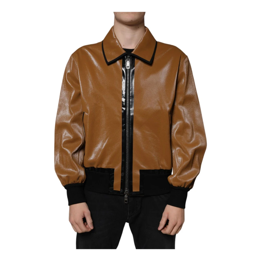 Dolce & Gabbana Men's Brown Leather Bomber Jacket With Logo - Leather Jackets - Xs - Jackets