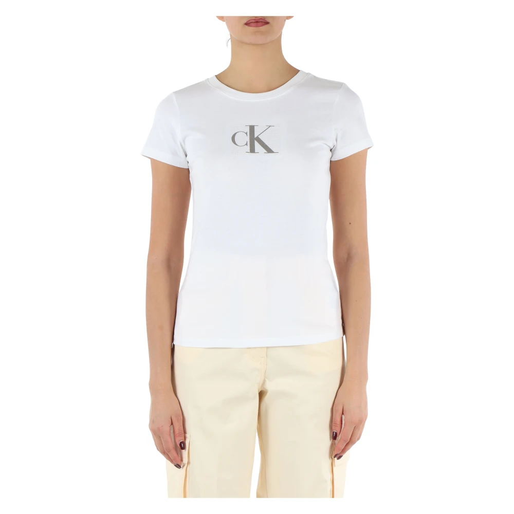 Calvin Klein Jeans Katoenen Logo Paillet T-shirt White Dames