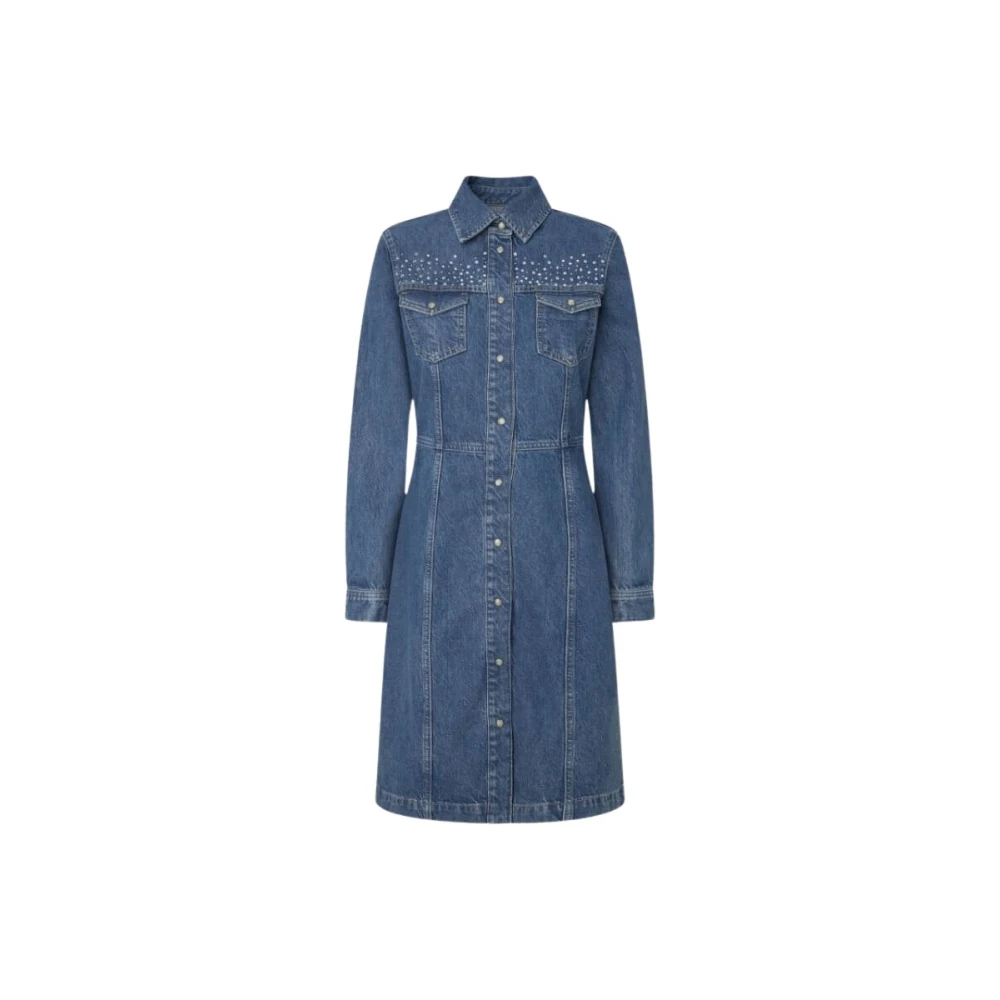 Pepe Jeans Blauwe Denim Jurk met Strass Details Blue Dames