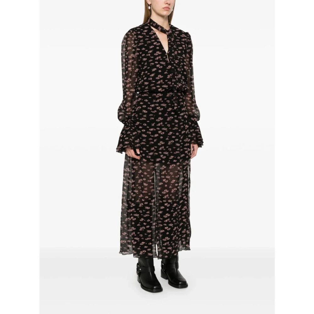 Rotate Birger Christensen Zwarte V-hals jurk met pofmouwen Black Dames