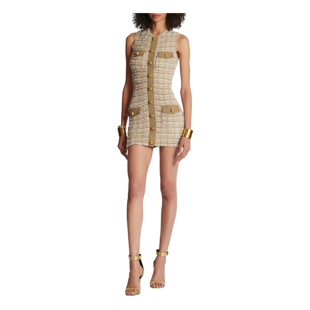 Balmain Mouwloze Tweed Korte Jurk Beige Dames