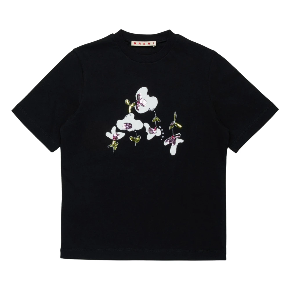 Marni Girls Black Sequin Flower T-Shirt - Kids Short Sleeve T-Shirts - 4 Y - Kids