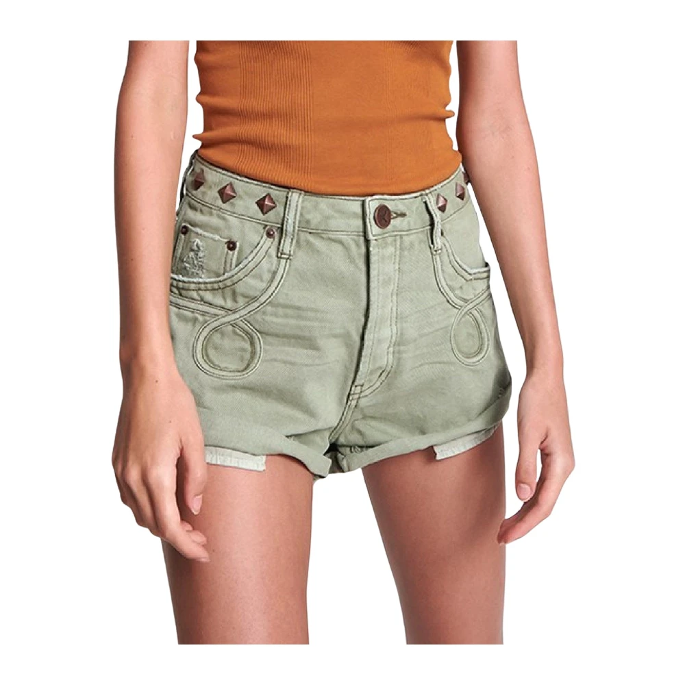 One Teaspoon Women's Green Denim Shorts, W23, Bandits Mid Waist Denim Shorts