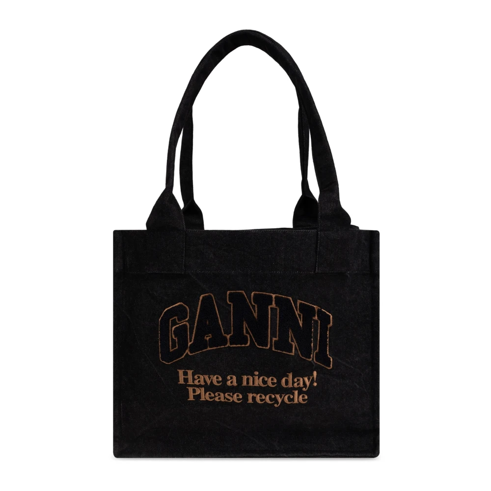 Ganni Denim Shopper Tas Black Dames