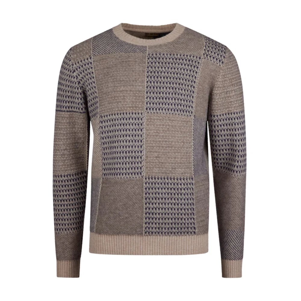Stenströms Men's Beige Checked Crew Neck Wool Jumper - Round-Neck Knitwear - Xl - Knitwear