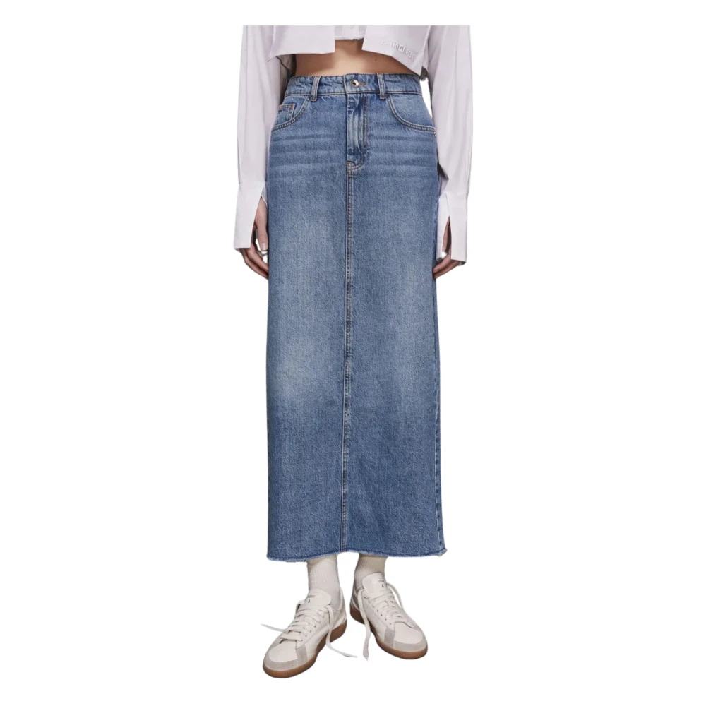 PATRIZIA PEPE Denim Maxi Rok met Diepe Split Blue Dames