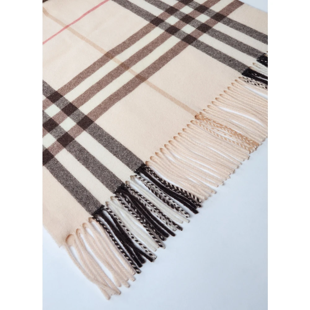 Burberry Geruit Kasjmier Sjaal Franje Zoom Beige Dames