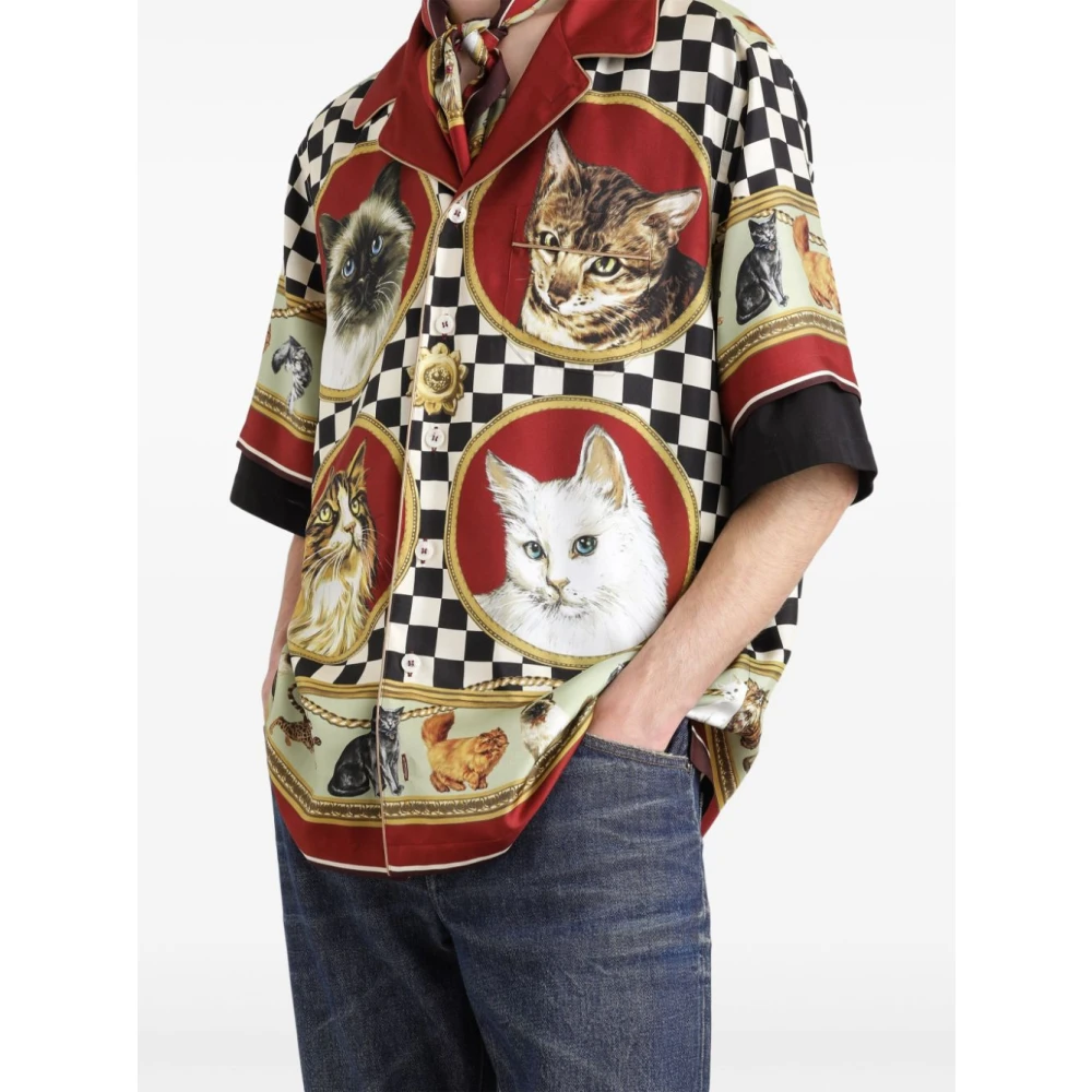 Dolce & Gabbana Multicolor zijden kattenprint bowling shirt Multicolor Heren