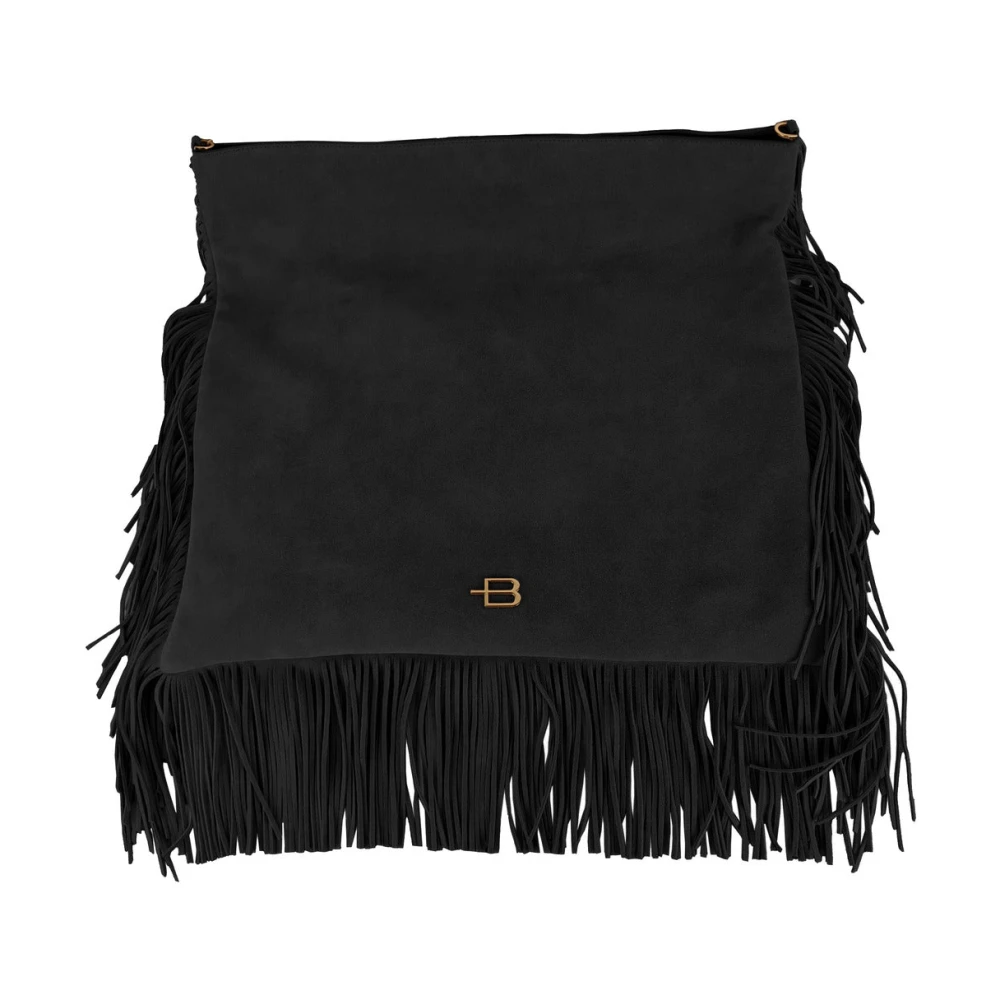 Baldinini Platte Vierkante Schoudertas van Suède met Franjes Black Dames